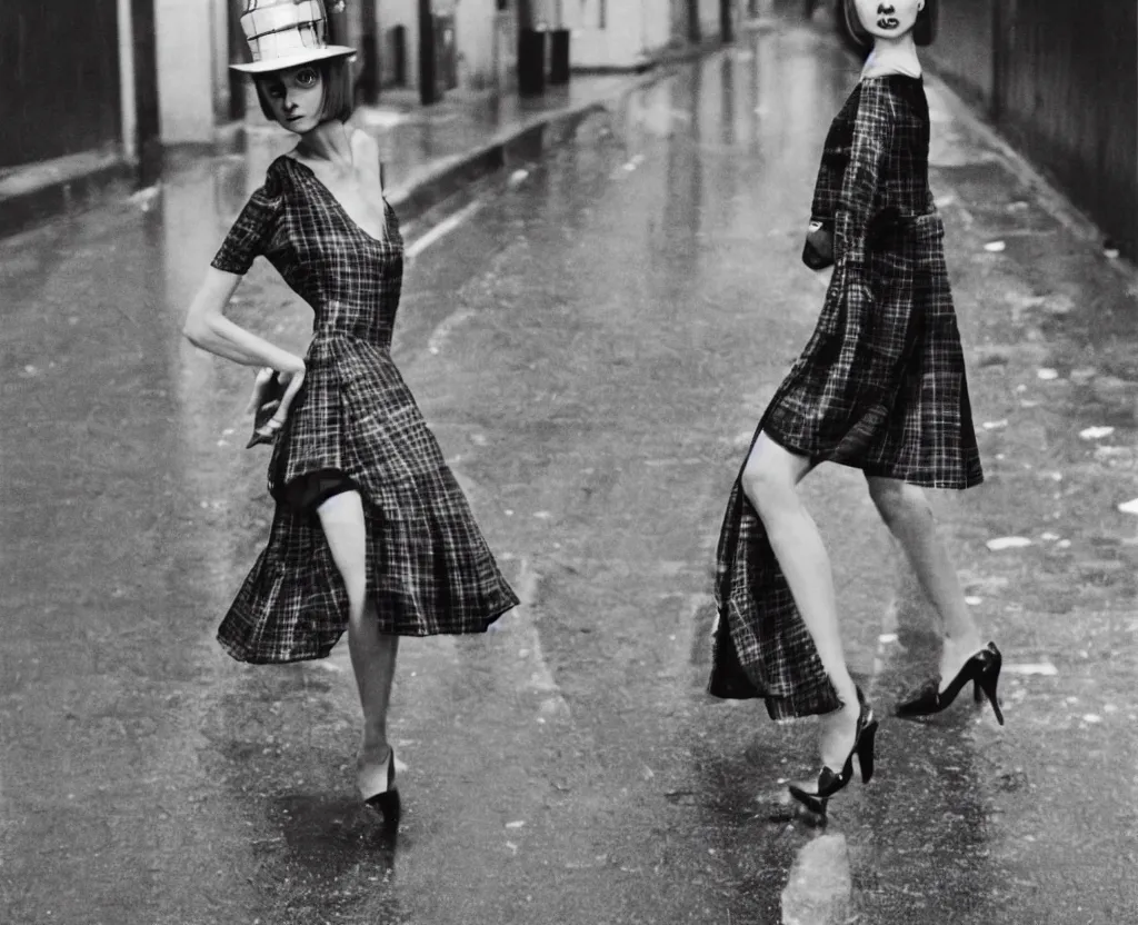 Image similar to 1960s fashion photography of twiggy in a checkered dress on the streets of London photographed by Annie Leibovitz, nighttime!!, flash photography, raining!, colorful, photorealistic, atmospheric,