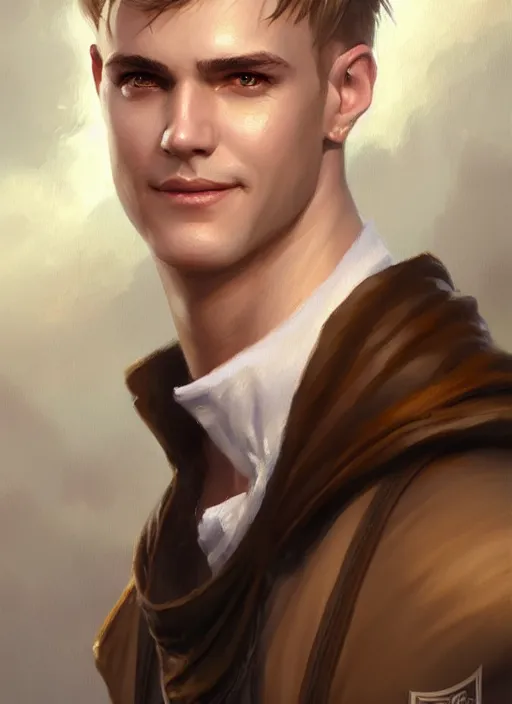 Image similar to a _ fantasy _ style _ portrait _ painting _ of white male short fringe light brown hair short head smiling clean shaven round face rpg dnd oil _ painting _ unreal _ 5 _ daz. _ rpg _ portrait _ extremely _ detailed _ artgerm _ greg _ rutkowski _ greg