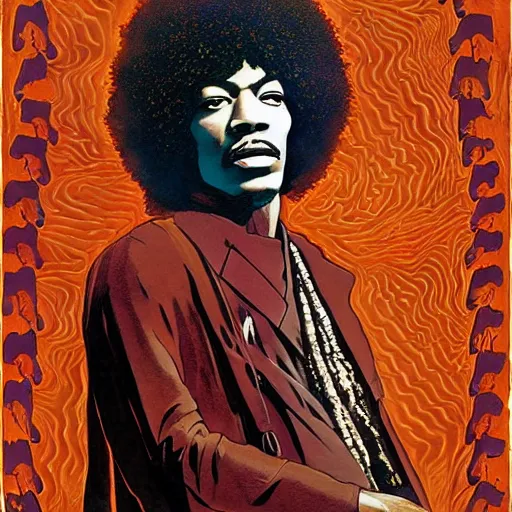 Image similar to artwork by Franklin Booth showing a portrait of Jimi Hendrix, afro futurism