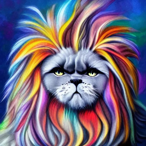 Prompt: portrait of a cute fluffy himalayan cat with long colorful flowing lion mane with mohawk hairstyle hybrid animal detailed painting 4 k