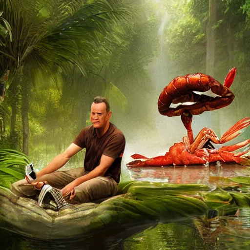 Image similar to Tom Hanks as forrest gump sitting on a giant shrimp in the jungle, realistic digital painting, in the style of Raphael Lacoste, photoreailstic, realistic face, amazing detail, sharp