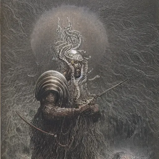 Image similar to zeus in golden thunder armor, wielding ornamented thunder bolt, beksinski