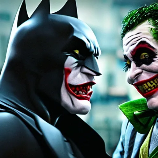 Image similar to A still of Batman and The Joker having dinner together, 4k, ultra realistic, detailed