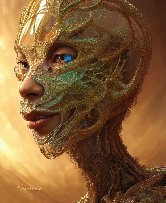 Image similar to intricate ornate opulent transparent clear see - through portrait of a terrifying beautiful alien insect, mottled coloring, adorable, childlike, pastoral environment, ultra realistic, concept art, art nouveau, photorealistic, octane render, 8 k, unreal engine. art by christopher marley and artgerm and greg rutkowski and alphonse mucha