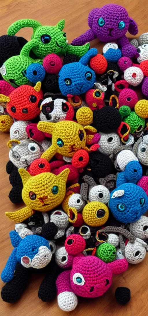 Image similar to multicolored crocheted cyborg cats