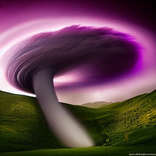 Image similar to amazing photo of a purple tornado in the shape of a tornado by marc adamus, digital art, beautiful dramatic lighting