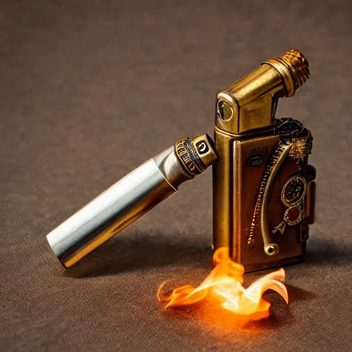 Image similar to a steampunk lighter, product photo, man lighting a cigarette, burnished bronze, flame