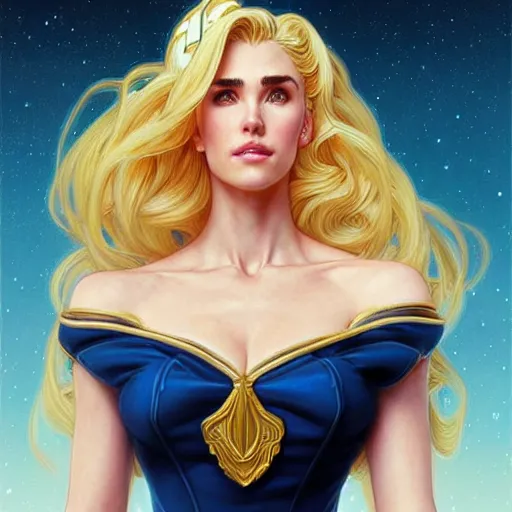 Image similar to Jennifer Connelly with blonde hair as Sailor Moon, western, D&D, fantasy, intricate, elegant, highly detailed, digital painting, artstation, concept art, matte, sharp focus, illustration, art by Artgerm and Greg Rutkowski and Alphonse Mucha