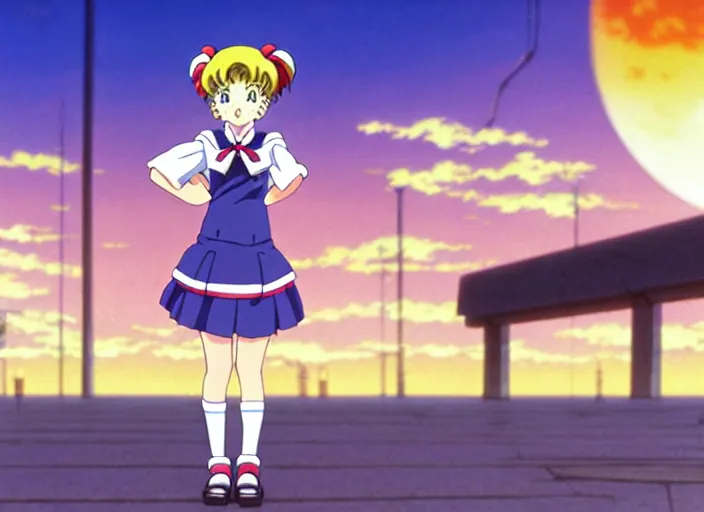 Prompt: anime fine details portrait of joyful school girl Sailor Moon stay in front of big post soviet city buildings, city landscape on the background, sunset, deep bokeh, close-up, anime masterpiece by Studio Ghibli. 8k, sharp high quality classic anime from 2000 in style of Hayao Miyazaki, synthwave