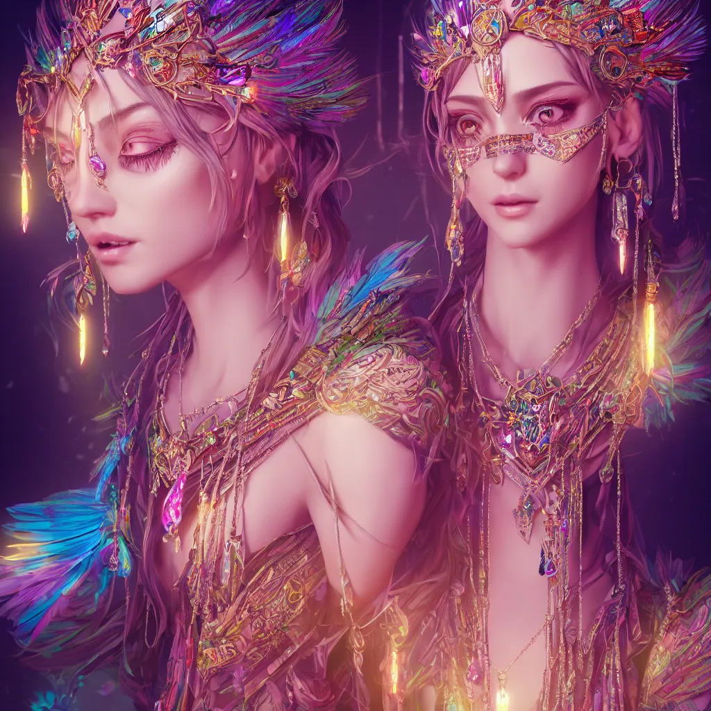 Image similar to portrait highly detailed beautiful symmetrical face high priestess intricate elegant detailed crystal jewellery with tribal feathers, lush colourful volumetric lighting, anime digital painting, concept art, smooth, sharp focus 3 d, divine realm of gods, realistic cinematic style, octane render, photographic, unreal engine 8 k