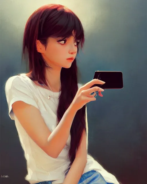 Image similar to A ultradetailed beautiful portrait panting of a stylish girl taking a selfie, Oil painting, by Ilya Kuvshinov, Greg Rutkowski and Makoto Shinkai