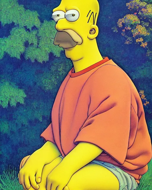 Prompt: realistic portrait of homer simpson, detailed art by maxfield parrish and jessie willcox smith, illustration style, brandywine school, acrylic paints