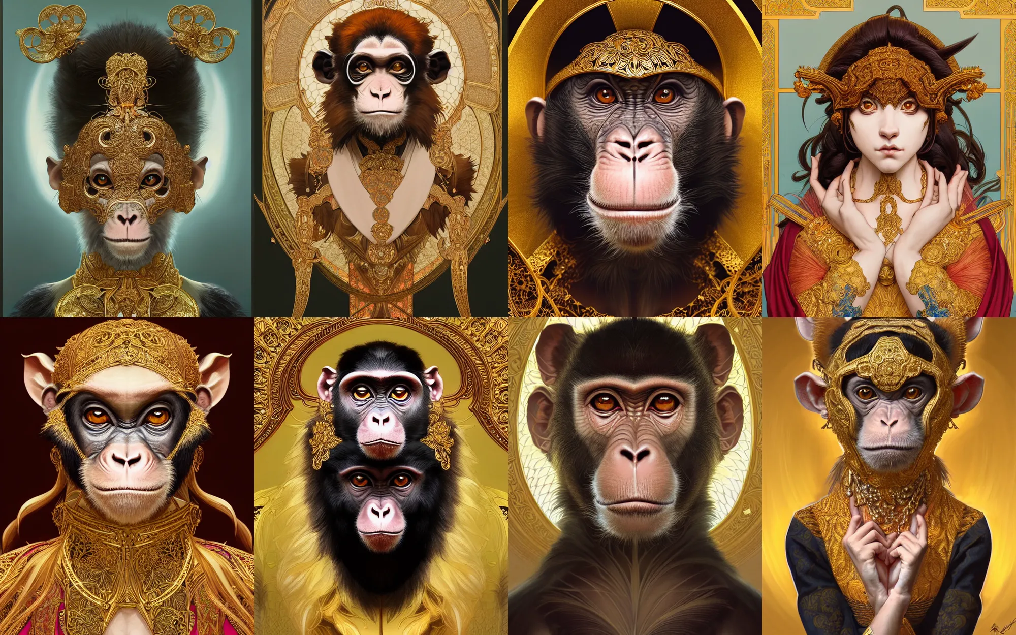 Prompt: symmetry!!!!!! portrait of a monkey, wearing ornate clothing, ultra detailed, elegant, intricate, anime, dynamic lighting, digital art, digital painting, artstation, wlop, sharp focus, illustration, art by artgerm and greg rutkowski and alphonse mucha, 8 k