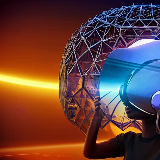 Image similar to a hyperrealistic 3D octane render of an elephant wearing virtual reality goggles playing a synthesizer inside of a geodesic dome planetarium with planets and galaxies, trending on artstation, 8k, 4K, dramatic lighting, glowing, volumetric lighting, ray tracing, unreal engine