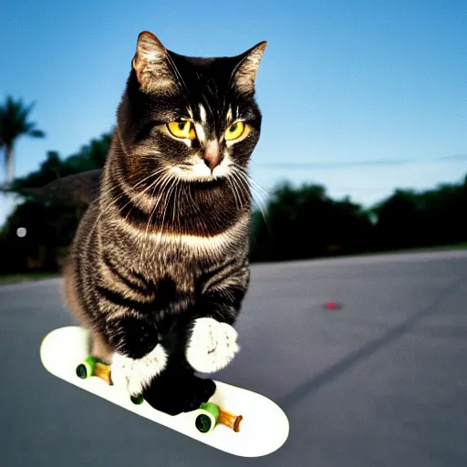 Image similar to salem the cat riding a skateboard looking extremely cool, 8 k, tv still