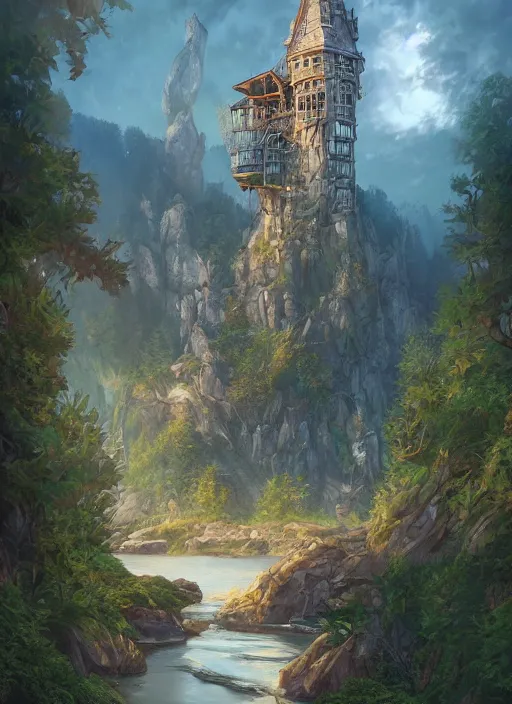 Image similar to A beautiful digital painting of a wizard's tower, crystal lake, lovely valley by Stanley Artgerm Lau, Rossdraws, James Jean, gerald brom, Andrei Riabovitchev, Marc Simonetti, and Sakimichan, trending on artstation