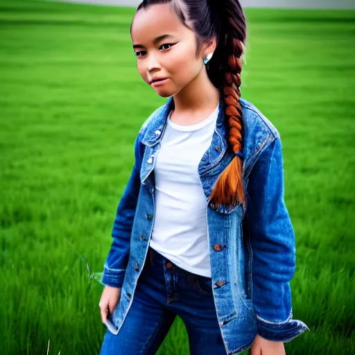 Image similar to a young girl plays on a great green meadow, she wears a jacket, jeans and boots, she has ponytails, photo taken by a nikon, highly detailed, sharp focus