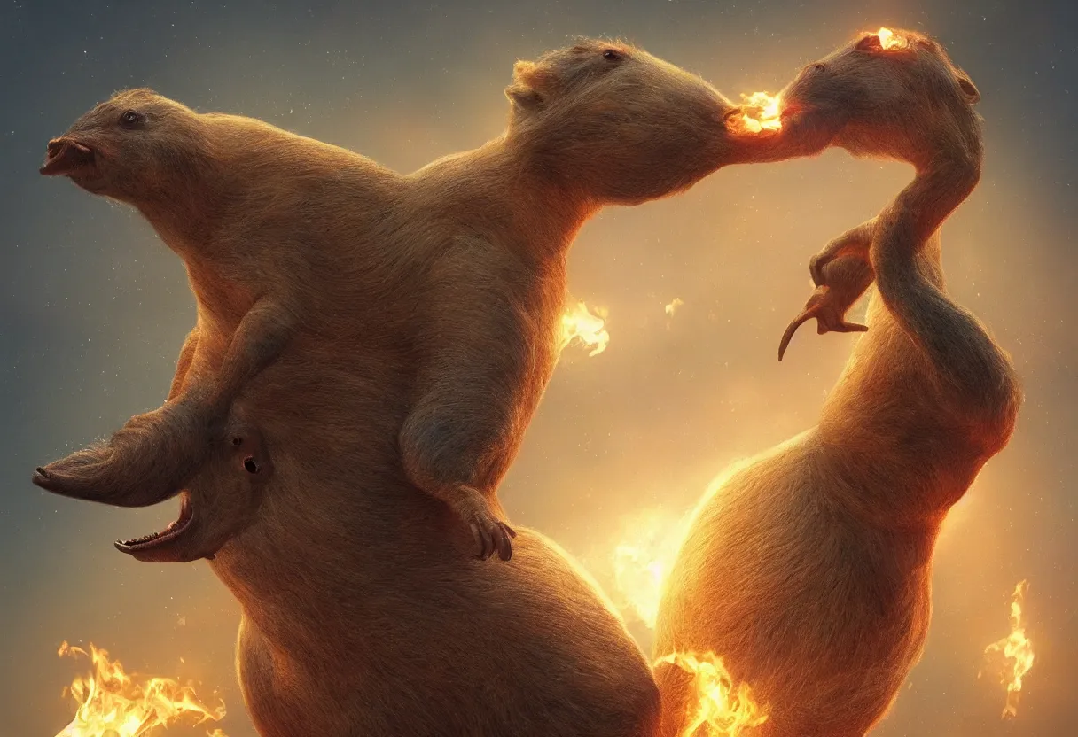 Image similar to a mutant capybara hybrid of velociraptor and elephant floating in space, cinematic, fire, hyperrealistic, trending in artstation, style of wlop