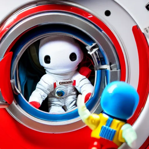 Image similar to Photograph of a terrified toy astronaut being washed in a washing machine. 8k resolution.