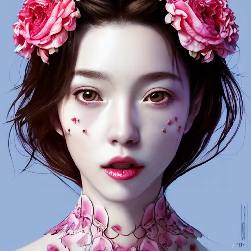 Prompt: the face of absurdly beautiful, graceful, elegant, sophisticated, sensual mature gravure idol made of strawberries and white pink petals with tears, an ultrafine hyperrealistic photorealistic illustration by kim jung gi, irakli nadar, intricate linework, bright colors, octopath traveler, final fantasy, unreal engine highly rendered, global illumination, radiant light, intricate environment