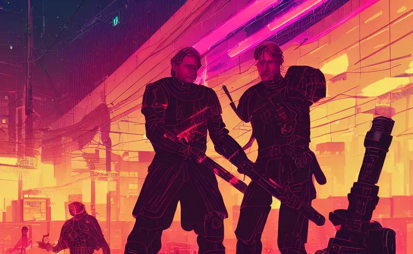 Image similar to jaime lannister and brienne of tarth fight a thousand neon zombies with lightsabers, cyberpunk art by james gilleard, cgsociety, retrofuturism, synthwave, retrowave, outrun