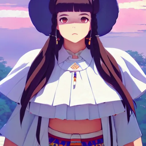 Image similar to a beautiful! plus sized instagram model, wearing catholic school girl outfit with mayan pattern and native style, jrpg aztec street fashion, gapmoe yandere grimdark, trending on pixiv fanbox, painted by greg rutkowski makoto shinkai takashi takeuchi studio ghibli, akihiko yoshida