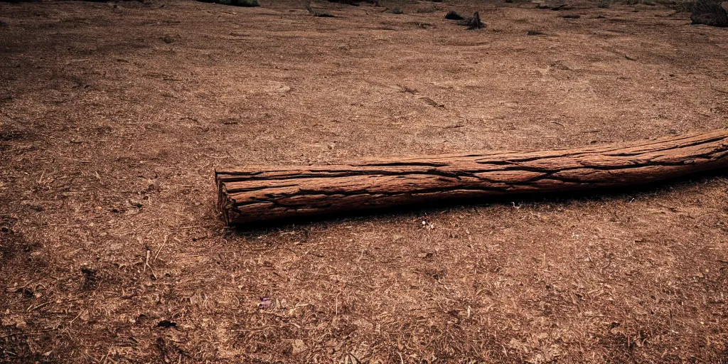 Image similar to ominous log of wood floating in a dusty scenery, dangerous aura, low angle shot