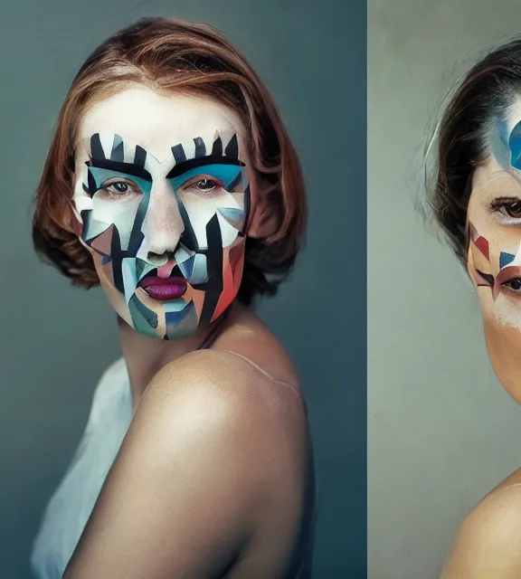 Prompt: A high-quality photorealistic face-centered portrait of a beautiful young woman wearing cubism face paint, by Steve McCurry and Brian Ingram and Annie Leibovitz, trending on flickr, trending on deviantArt