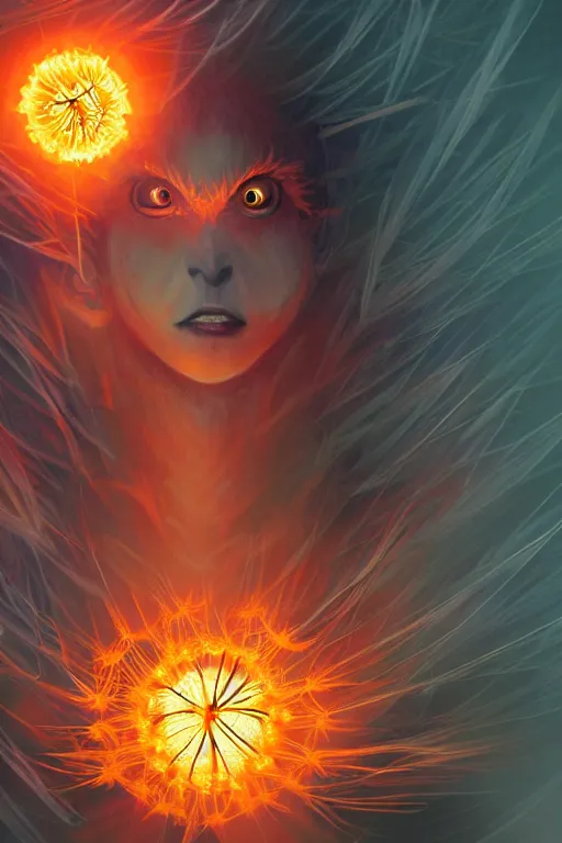 Image similar to a glowing humanoid figure dandelion monster with large glowing eyes, surrounded by orange aura, highly detailed, digital art, sharp focus, trending on art station, artichoke, anime art style