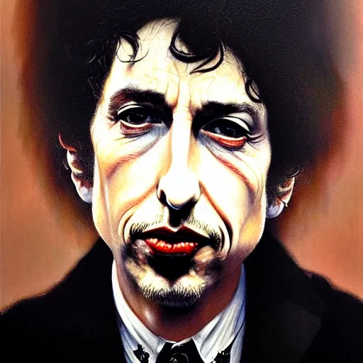 Image similar to caricature portrait of bob dylan, detailed face, detailed painting, epic lighting, by ilya repin, phil hale and kent williams