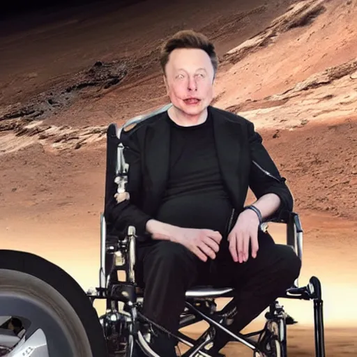 Prompt: elon musk at age 1 0 0 sitting in a wheelchair on planet mars, high quality, photorealistic