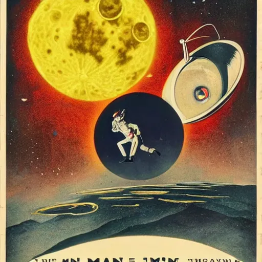 Prompt: the man in the moon is struck by a spacecraft in the 1 9 0 2 fantasy film le voyage dans la lune. 8 k