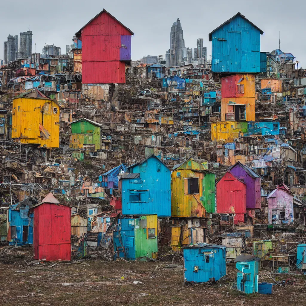 Image similar to a tower made up of colourful makeshift squatter shacks, dystopia, sony a 7 r 3, f 1 1, fully frontal view, photographed by jeanette hagglund