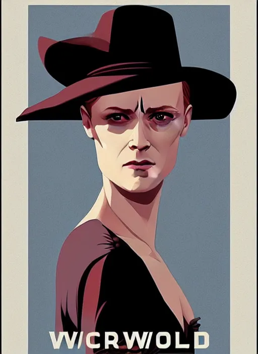 Image similar to a portrait of Evan Rachel Wood as Dolores, in the show Westworld, poster artwork by Michael Whelan and Tomer Hanuka, clean