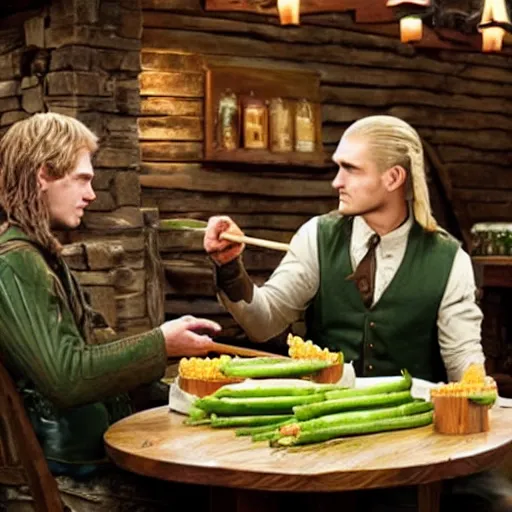 Prompt: JD and Legolas at Cracker Barrel dipping their giant cobs of corn into cucumber soup, photorealistic, somber, moody,