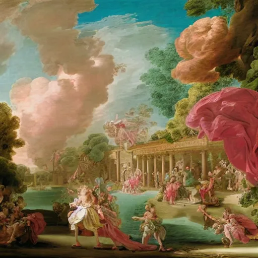 Prompt: colorful oasis in the style and the language of Rococo, reimagining the dynamism of works by eighteenth-century artists such as Giovanni Battista Tiepolo, François Boucher, Nicolas Lancret and Jean-Antoine Watteau through a filter of contemporary cultural references including film, food and consumerism