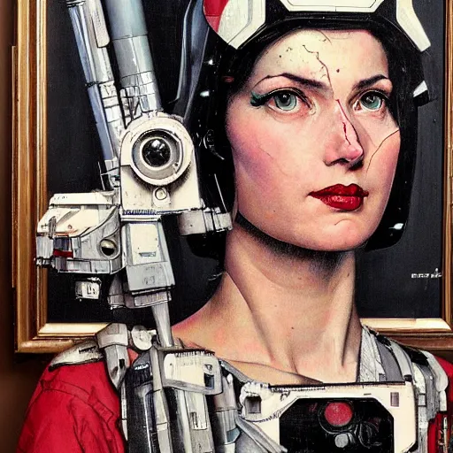 Image similar to portrait of a female android painted by Norman Rockwell and Sandra Chevrier