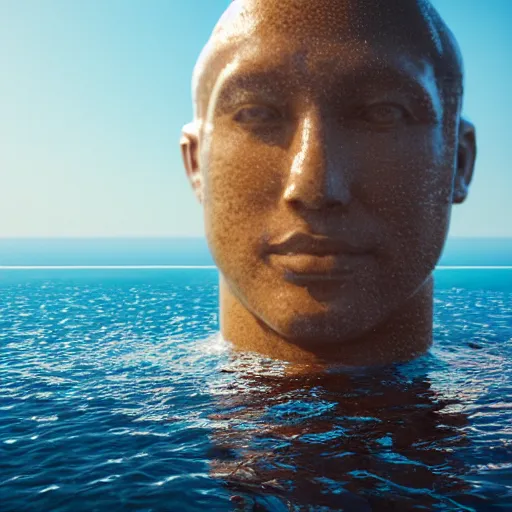 Prompt: a giant water sculpture of a human head on the ocean water, cinematic, in the style of chad knight, long shot, hyper detailed, hyper realistic, ray tracing, 8 k resolution, sharp focus, realistic water, award winning