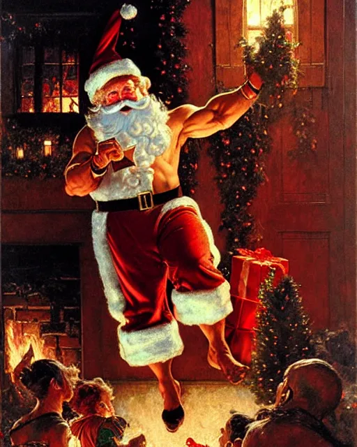 Image similar to muscular santa clause slides down a chimney on christmas eve, night, painting by gaston bussiere, craig mullins, j. c. leyendecker, norman rockwell