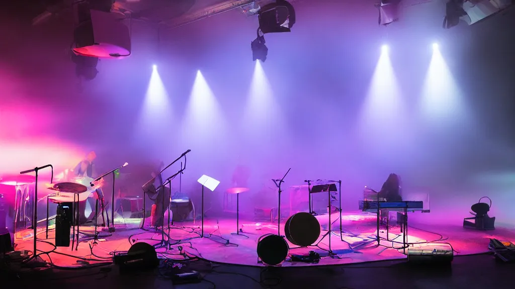 Prompt: a music stage with instruments, drums, colored spot lights cut through the fog by greta socha and pablo dominguez.