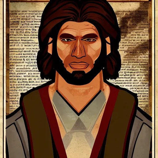 Image similar to saint homo neanderthalis portrait poster with book of science on his right hand, gta chinatown wars art style, bioshock infinite art style, hyperrealistic, two colors, paper border, 4 k, remove duplicate content, justify contents center.