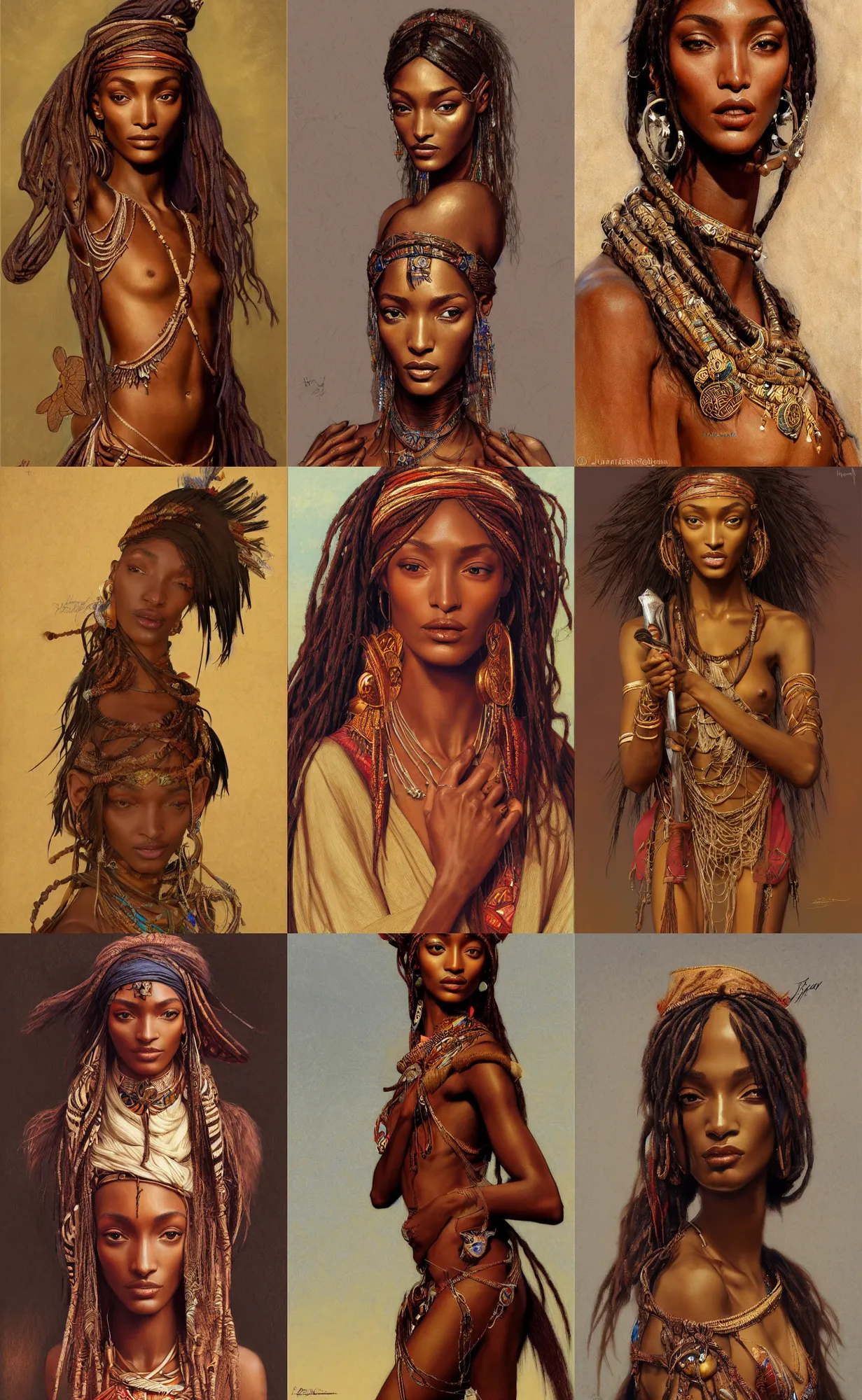 Prompt: jourdan dunn as himba, intricate, elegant, highly detailed, digital painting, artstation, concept art, smooth, sharp focus, illustration, art by rutkowski, mucha, orientalism, bouguereau