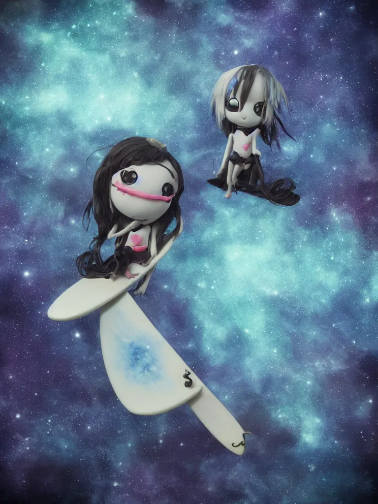 Prompt: cute fumo plush gothic maiden alien girl riding on a surfboard in the dark galactic abyss, hearts, vignette, vray