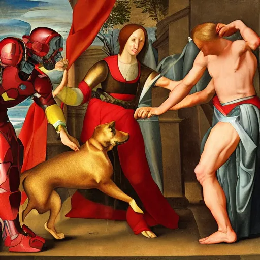 Image similar to renaissance painting of an anthropomorphic dog wearing an iron man suit