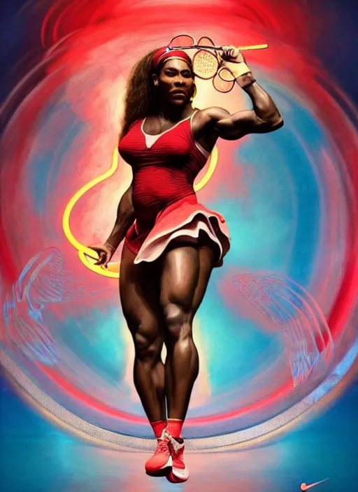 Image similar to serena williams as nike godess of victory, wings, wax figure, glowing eyes, volumetric lights, red and cyan theme, art nouveau botanicals, intricate, highly detailed, digital painting, artstation, concept art, smooth, sharp focus, cinematic, illustration, beautiful face, art by artgerm and greg rutkowski and alphonse mucha