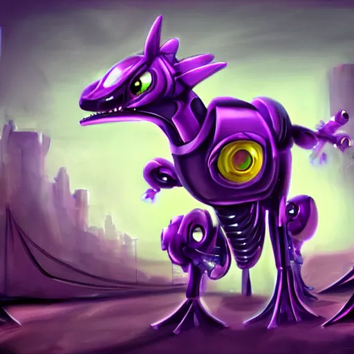 Image similar to very cute purple robototechnic dragon looking at camera, Disney, epic, digital art