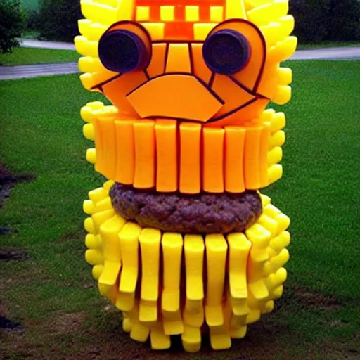 Image similar to cheeseburger sculpture made out of empty plastic bottles.