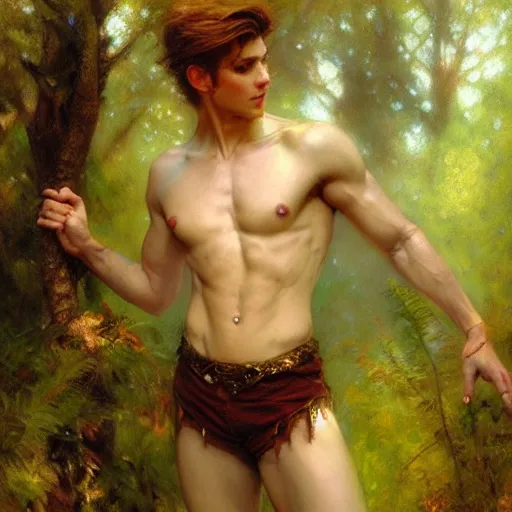 Image similar to attractive male fairy in the forest posing. highly detailed painting by gaston bussiere, craig mullins, j. c. leyendecker, 8 k