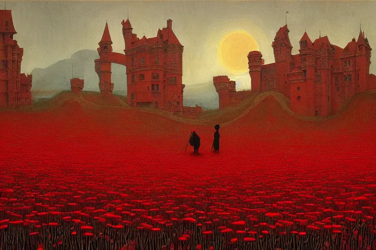 Image similar to only with red, red flowers of different types, a red tiger, a castle in the background, medieval demons dance over the flowers, an ancient path, in the style of beksinski, part by hopper, part by rodcenko, part by hofbauer, intricate composition, red by caravaggio, insanely quality, highly detailed, masterpiece, red light, artstation