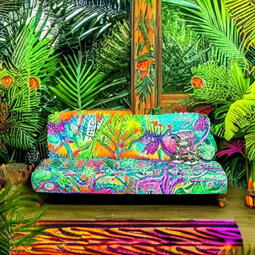 Prompt: psychedelic trippy couch in jungle, garden, hippy art, wavy, 7 0 s vibes